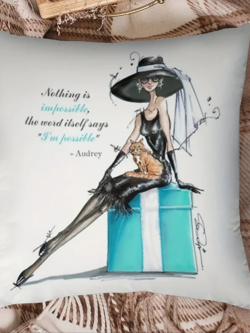 Chic Audrey Illustration Pillow with Teal Gift Box